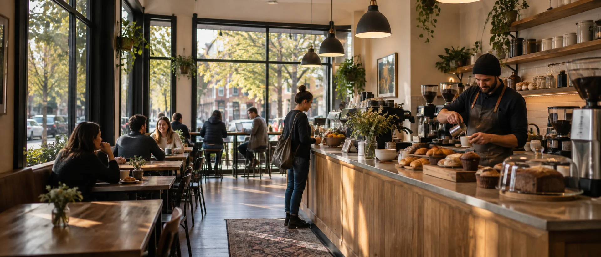 Welcoming neighborhood cafe with a barista and guests